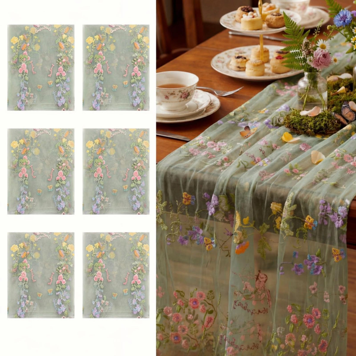 Ivory White Floral Table Runner 10ft Embroidery Tulle Wildflower