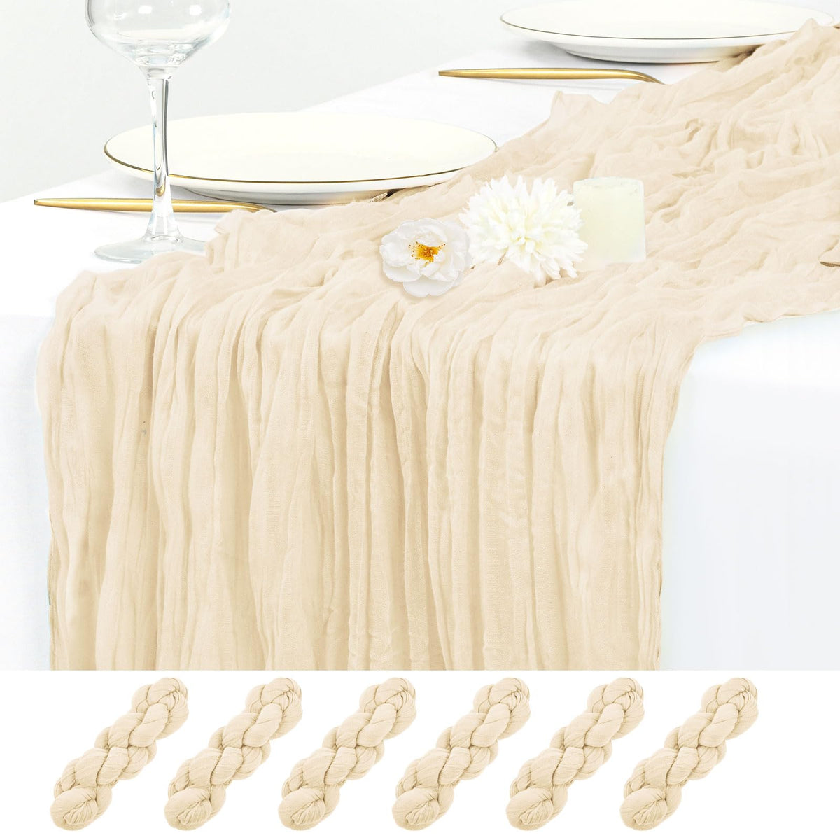 12 Pack Beige Cheesecloth Table Runner 17x108 Inch Boho Gauze Cheese Cloth Table Runners Rustic Sheer Runner for Wedding Party Baby Shower Birthday Home Decor