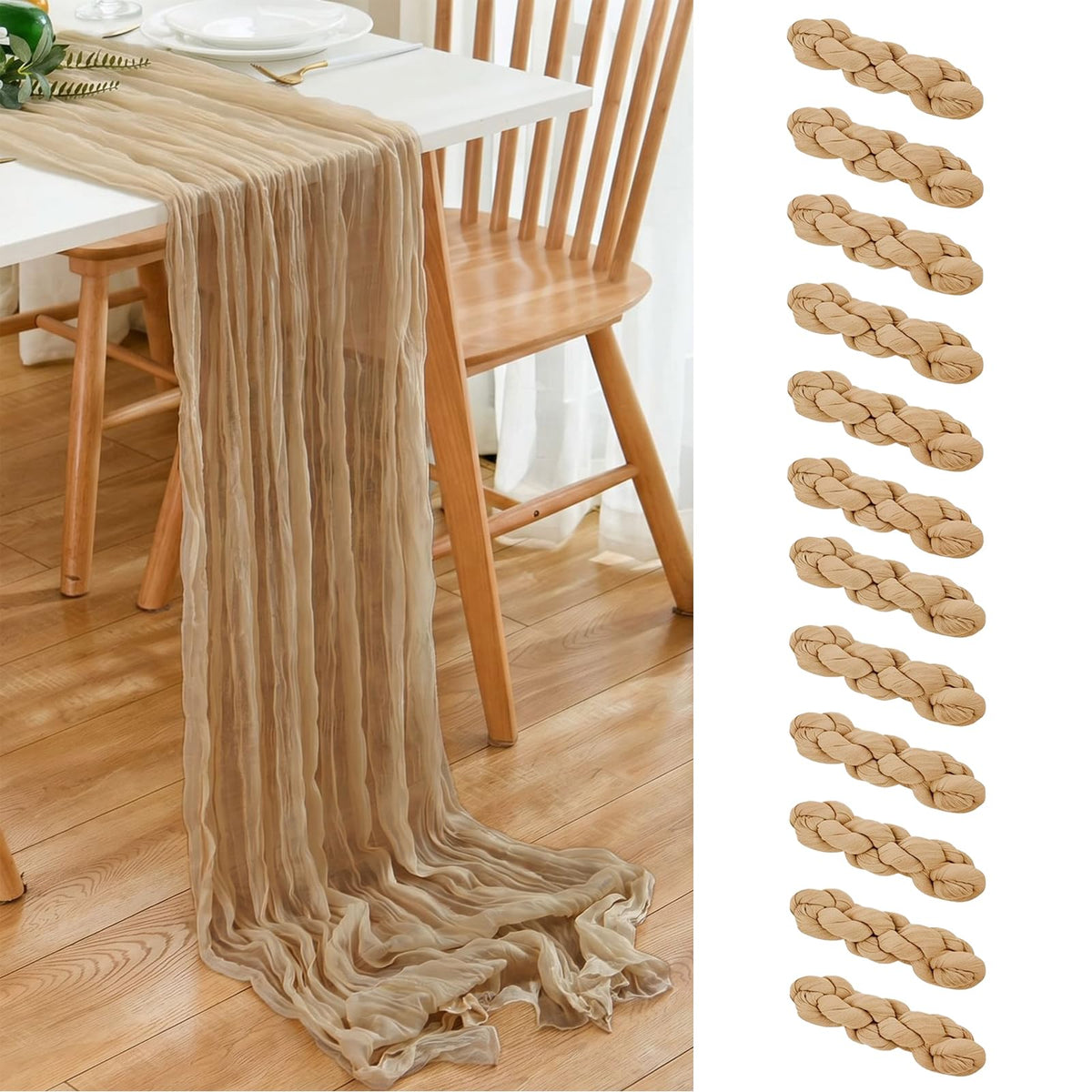 6 Pack Brown 10 Ft Cheesecloth Table Runner 20x120 Inch Boho Wrinkled Sheer Romantic Gauze Decor for Wedding, Bridal Shower, Birthday Party