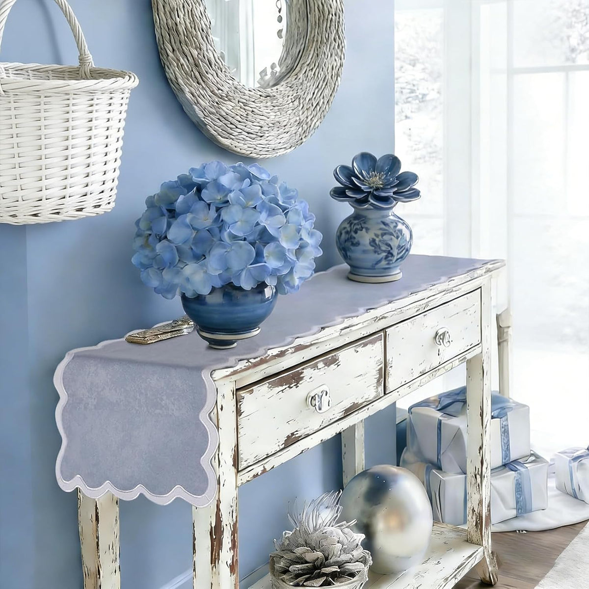 yuboo Dusty Blue Table Runner 15x70 inches, Boho Scalloped Table Runner, Rustic Farmhouse Dresser Runners for Bedroom, Dining Table, Coffee Table, Spring Summer Blue Coastal Grandmillennial Home Decor