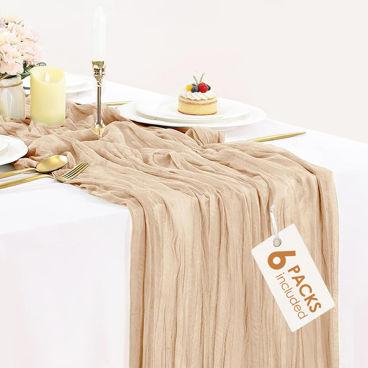 12 Pack Champagne Cheesecloth Table Runner 35x120 Inches, Summer Cheese Cloth Table Runner 10FT Boho Sheer Gauze Runner for Bridal Shower Wedding Baby Shower Party Decor