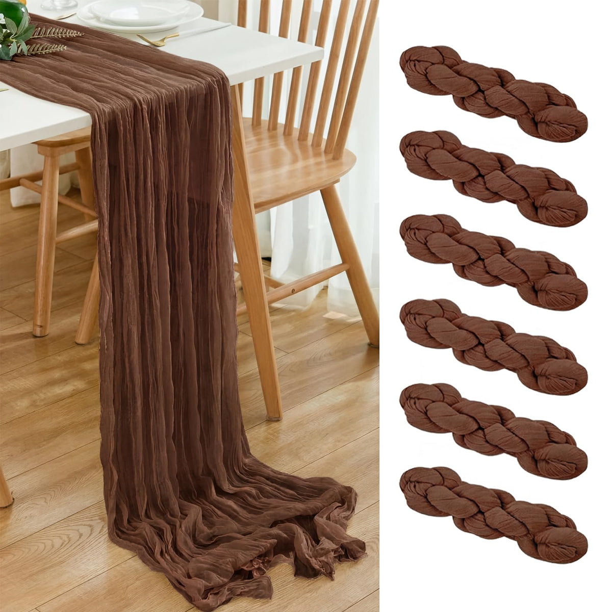6 Pack Brown 10 Ft Cheesecloth Table Runner 20x120 Inch Boho Wrinkled Sheer Romantic Gauze Decor for Wedding, Bridal Shower, Birthday Party