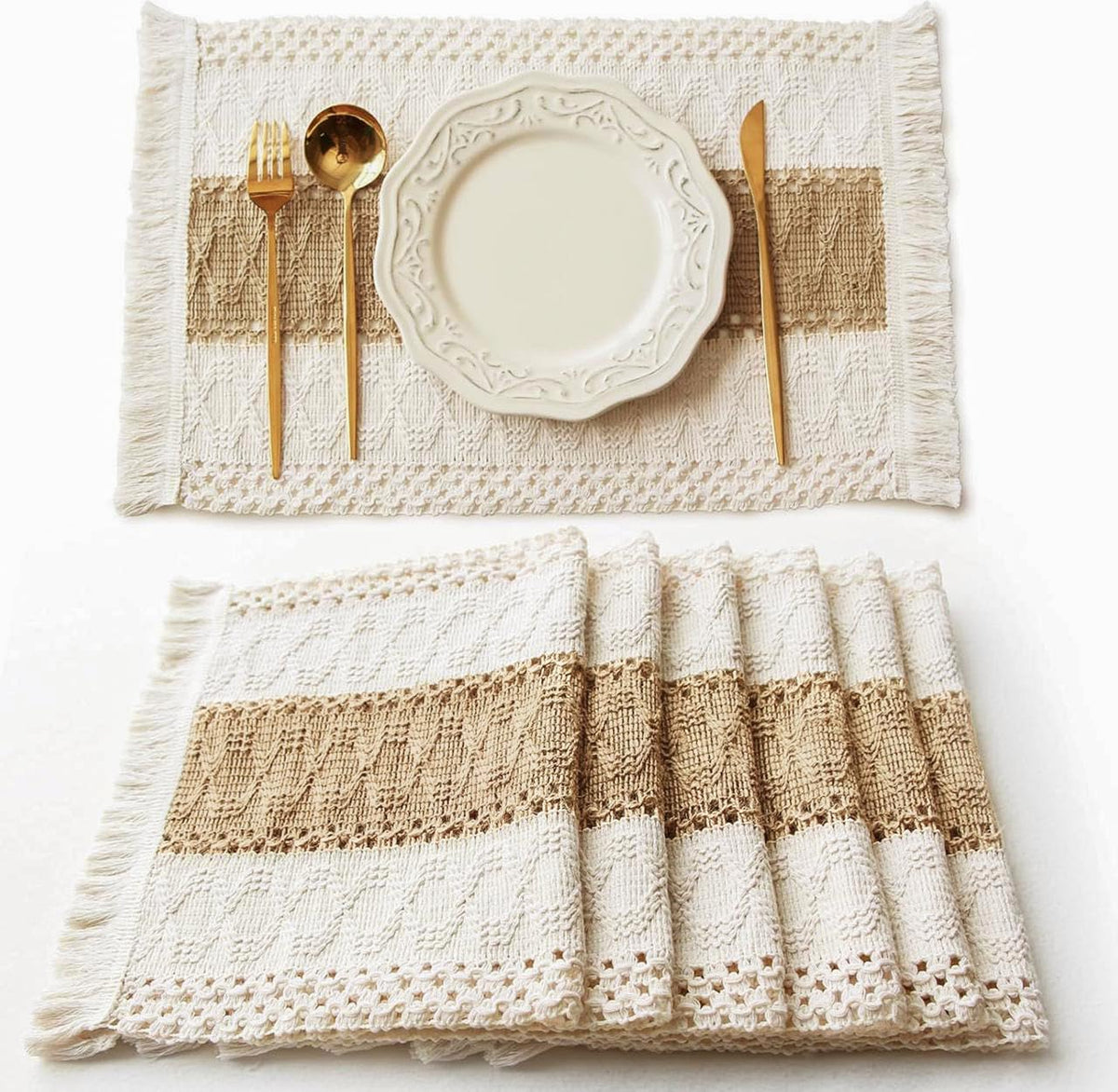 FEXIA Boho Placemats Set of 6, Macrame Table Mats Farmhouse Dining Decor