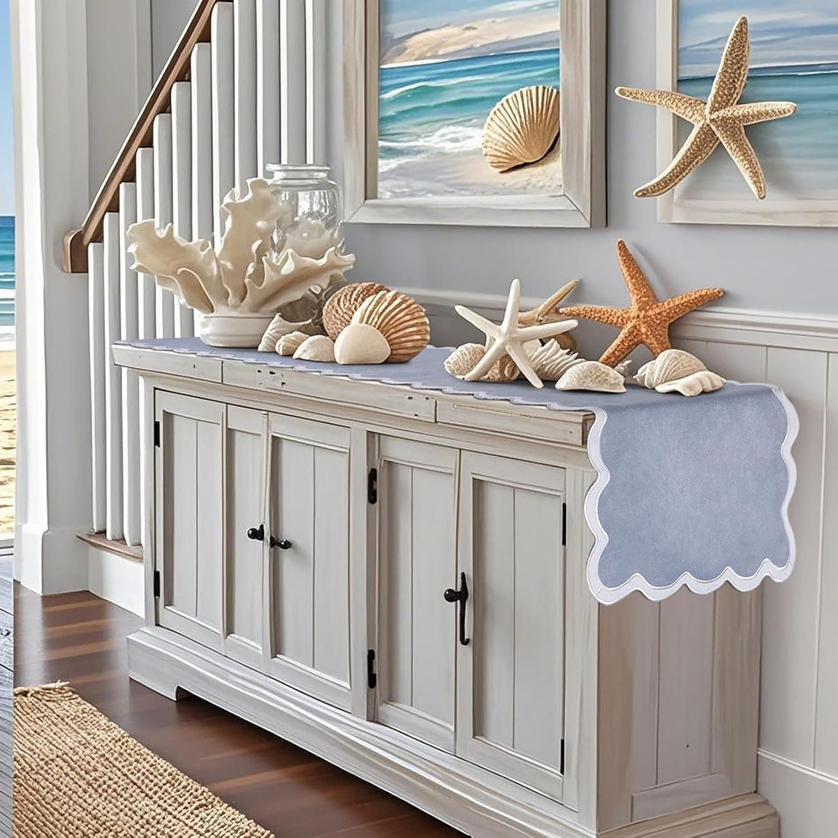yuboo Dusty Blue Table Runner 15x70 inches, Boho Scalloped Table Runner, Rustic Farmhouse Dresser Runners for Bedroom, Dining Table, Coffee Table, Spring Summer Blue Coastal Grandmillennial Home Decor