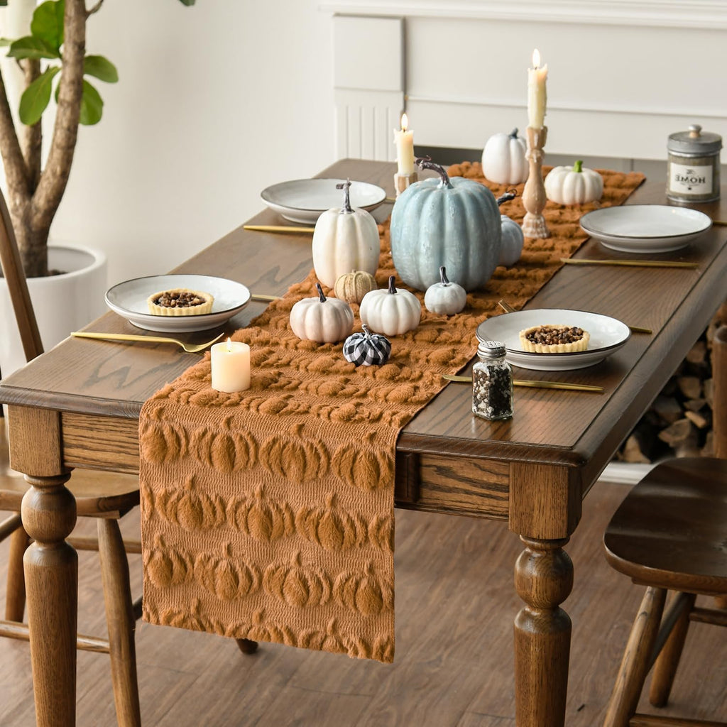 Artoid Mode Caramel Soft Faux Fur Pumpkins Fall Table Runner 13x90 Inch
