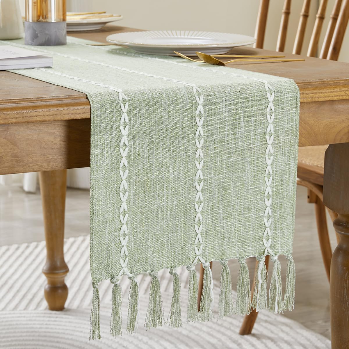 Wracra Rustic Linen Table Runner, White Table Runners 72 inches Long
