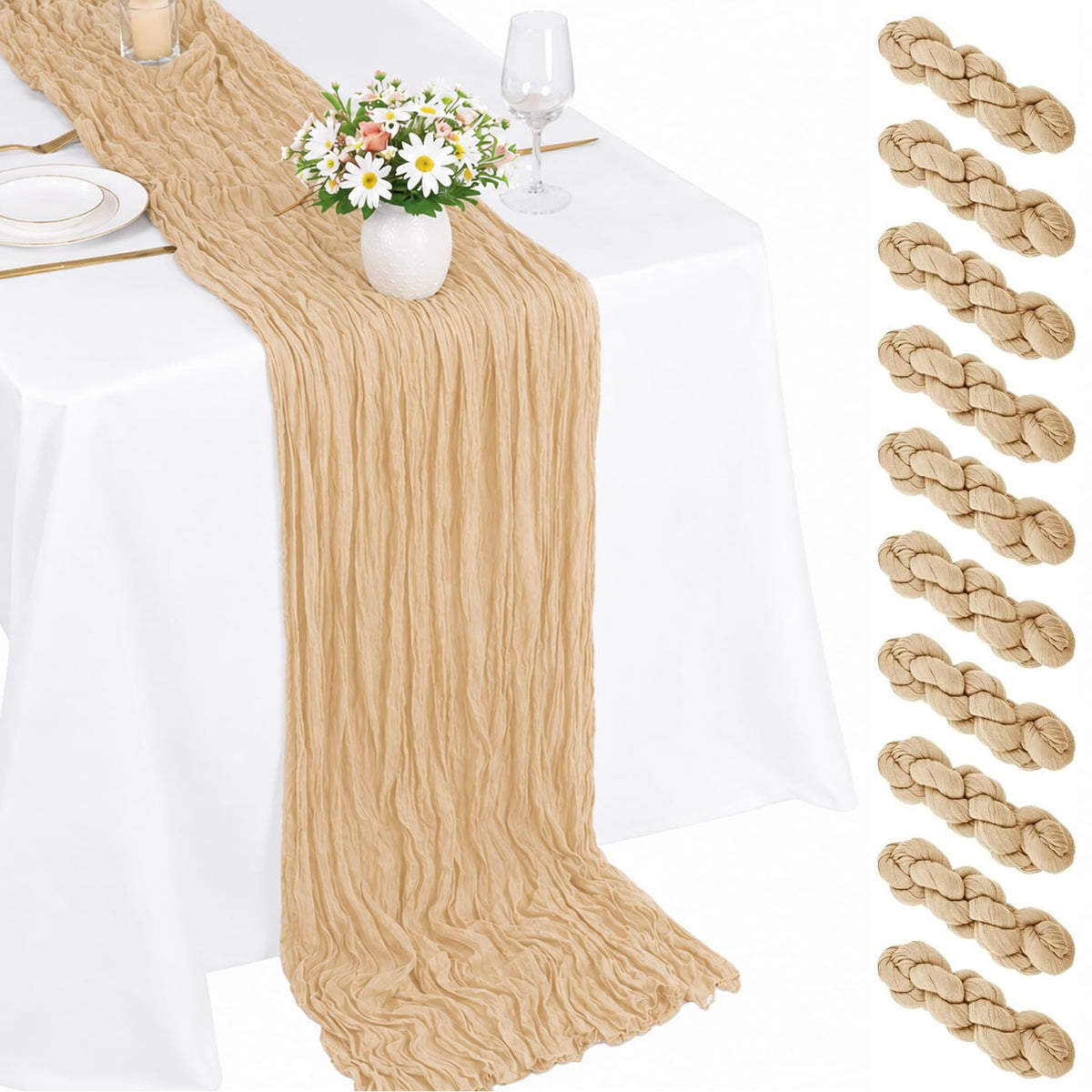 10 Pack Sage Green Cheesecloth Table Runner 22x120 Inch Boho Gauze Table Runners, Rustic Sheer Cheese Cloth Table Runners for Wedding, Baby Shower, Birthday Party, Home Decor
