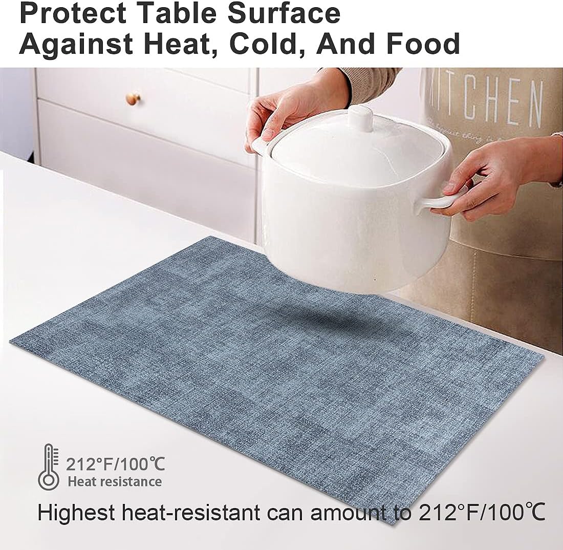 Leather Heat Resistant Placemats Set of 6 Waterproof Wipeable Washable PU Table Mats,Easy to Clean Anti-Slip (6, Blue)