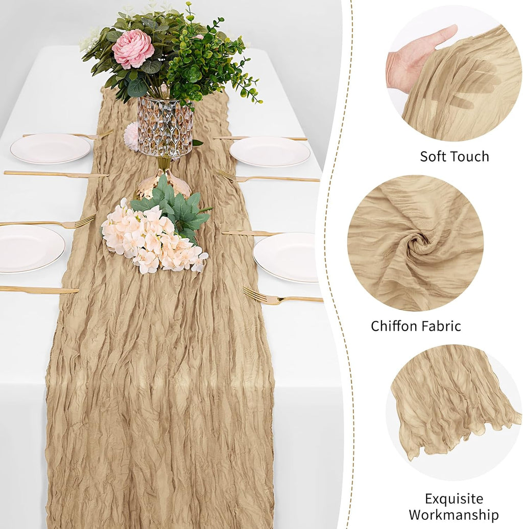 12 Pack Beige Cheesecloth Table Runner 17 x 108 Inch Gauze Table Runner Fabric Semi Sheer Cheese Cloth Table Decoration Bulk for Rustic Romantic Wedding Baby Shower Table Decoration