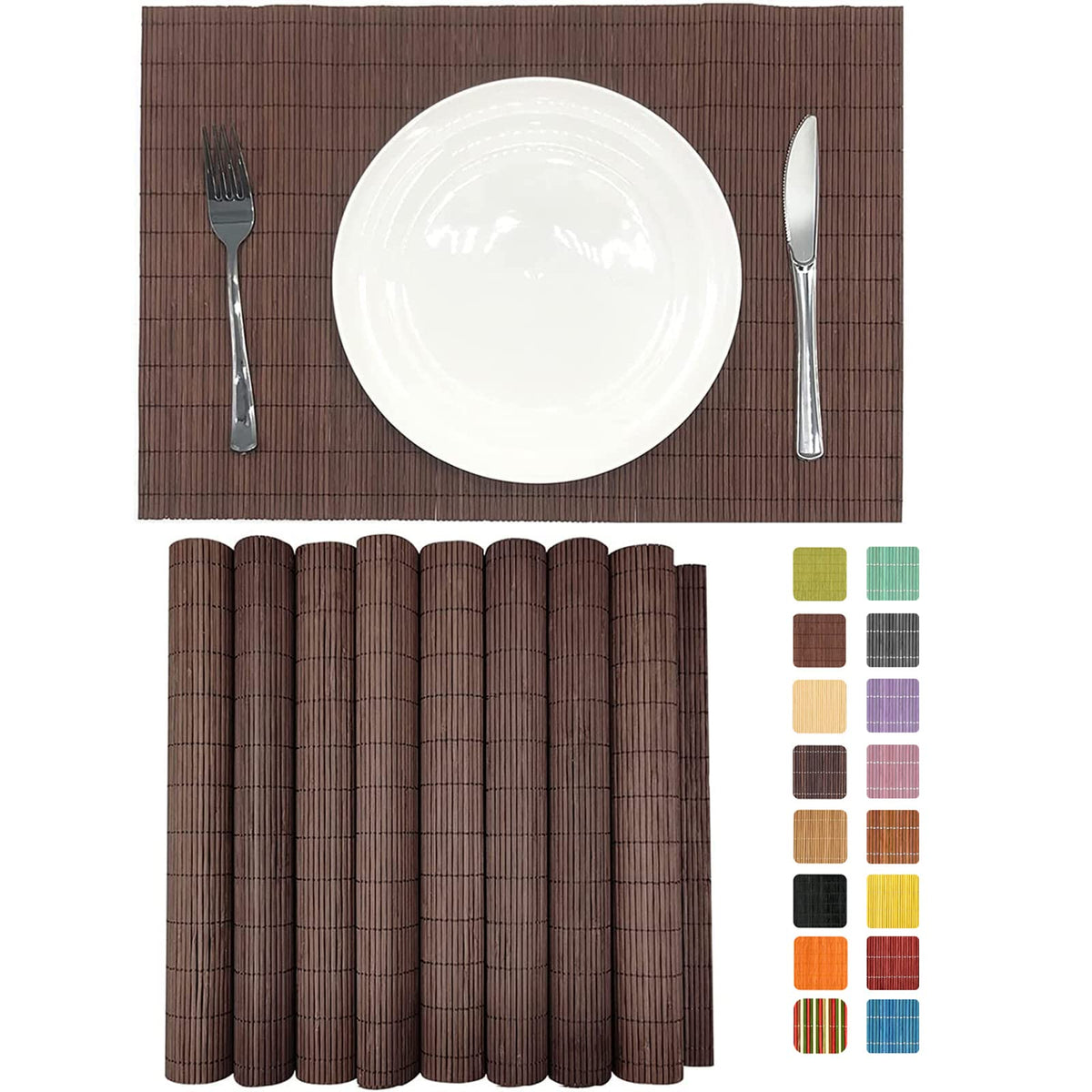 Set of 8 Pcs Bamboo Placemats Sushi Rolling Mat Japanese Style Natural Anti-Slip, Washable Heat-Resistant Table Mats for Dining Room and Kitchen（Brown）