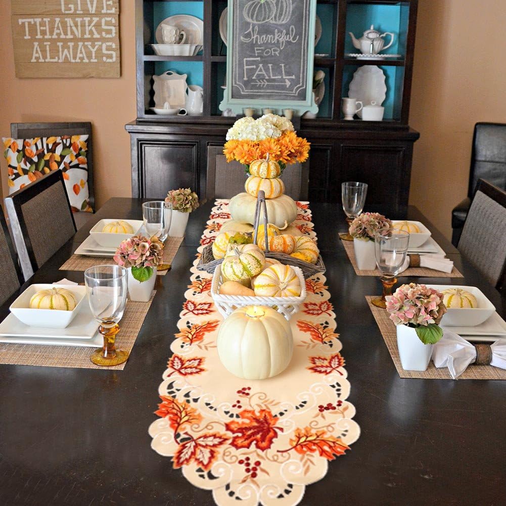 Embroidered Fall Table Runner 15x67In, Maple Leaf Thanksgiving Table Runner