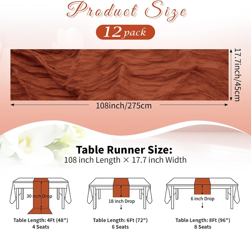 Terracotta Boho Cheesecloth Table Runner 12 Pack 17x108 Inch Sheer Gauze