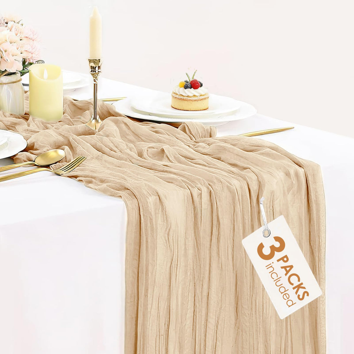 12 Pack Champagne Cheesecloth Table Runner 35x120 Inches, Summer Cheese Cloth Table Runner 10FT Boho Sheer Gauze Runner for Bridal Shower Wedding Baby Shower Party Decor