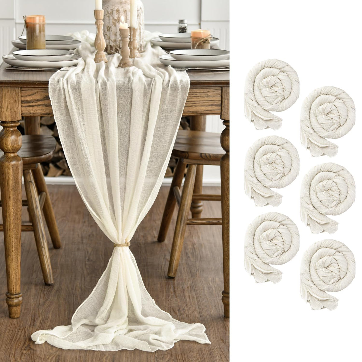 Artoid Mode Boho Forest Green 10Pcs Cheesecloth Gauze Table Runner, 120 Inch Seasonal Fabric Kitchen Dining Holiday Table Decor for Home Party Indoor