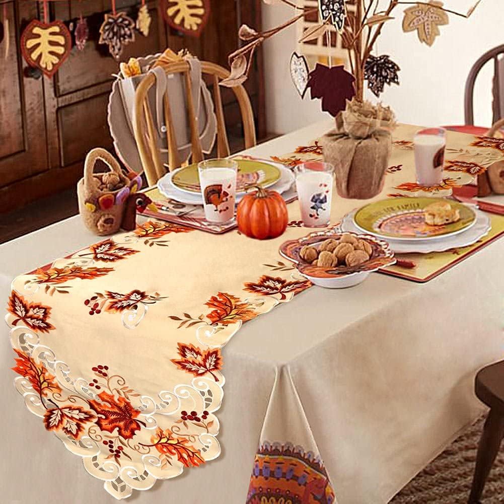 Embroidered Fall Table Runner 15x67In, Maple Leaf Thanksgiving Table Runner