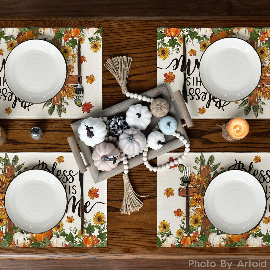 Artoid Mode Pumpkins Floral Fall Placemats Set of 4-12 x 18 Inch
