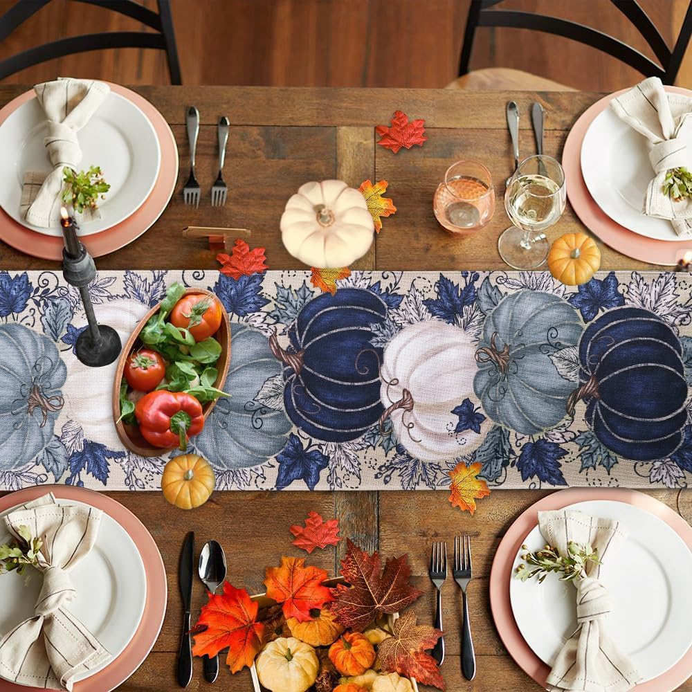 Fall Thanksgiving Table Runner Blue Vintage Pumpkin Maple Leaf Decorative