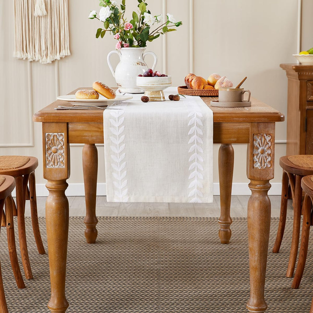 Wracra Embroidered Table Runner, White Table Runners 72 Inches Long