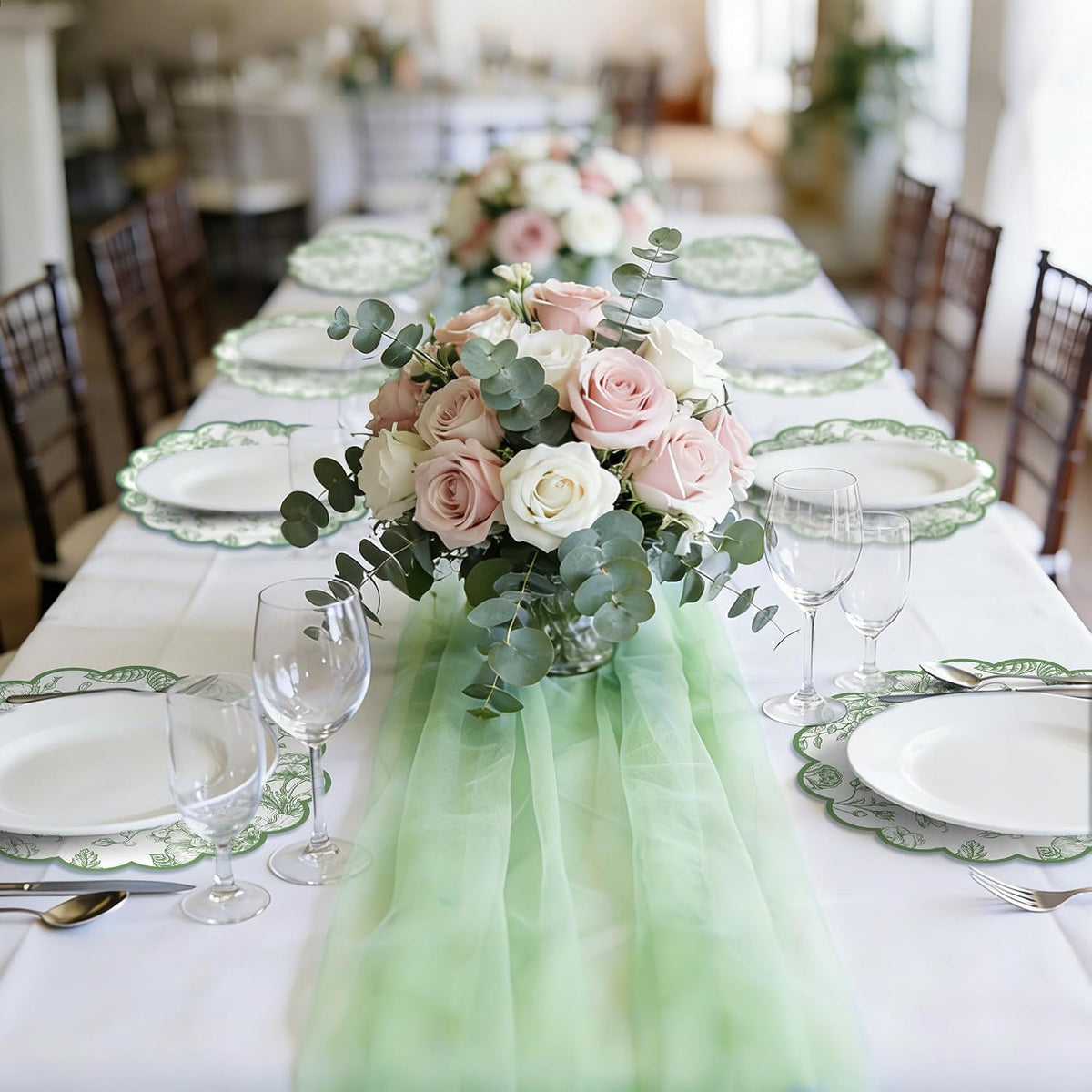 Kochorie Green Floral Paper Placemats 100 Pack, Disposable Scalloped Table Mats, Green Vintage Flower Paper Place Mat, 13.5 x 13.5 Inch for Weddings Bridal Showers Party Décor