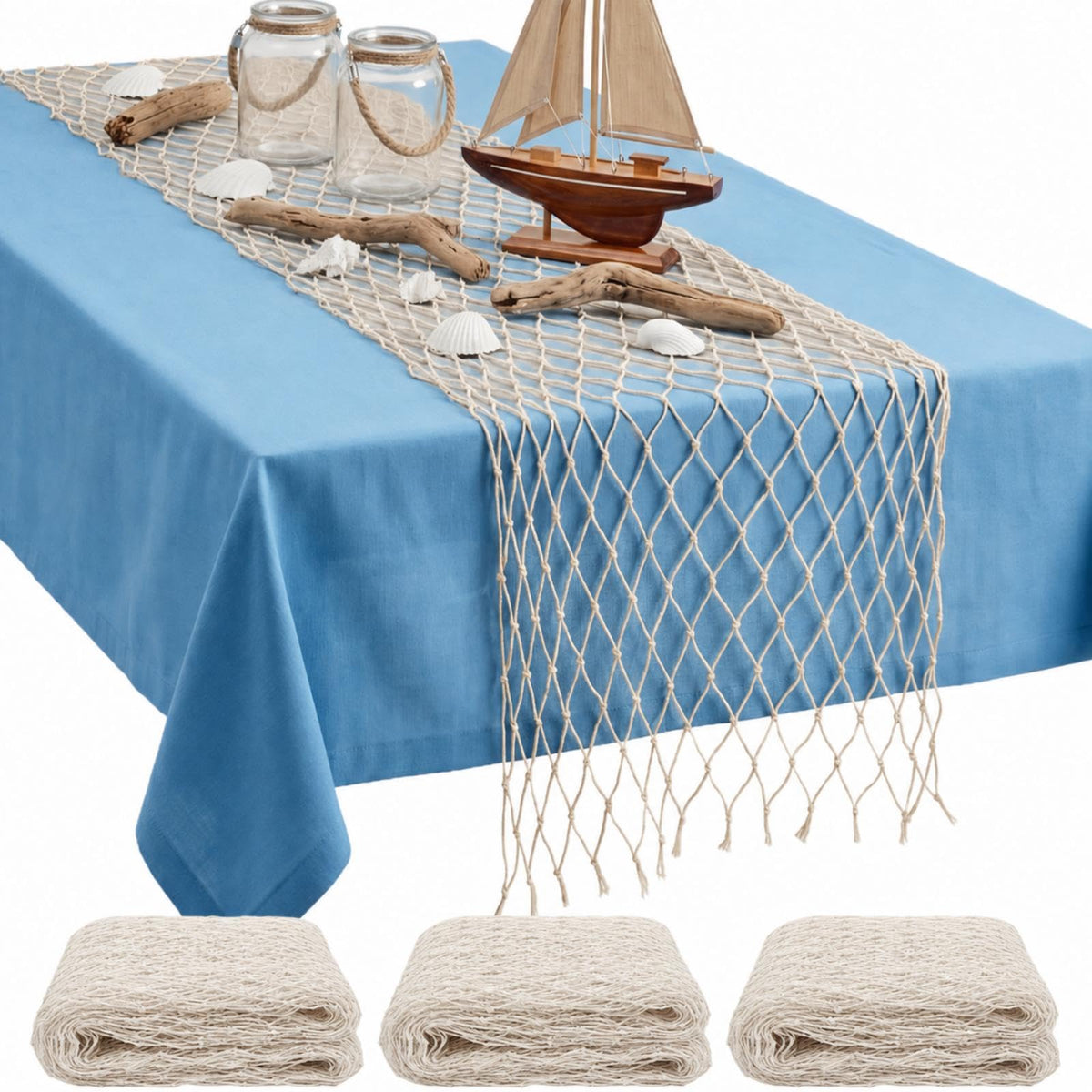 SATINIOR 6 Pcs 12 x 72'' Fishing Net Table Runner Party Decor, Natural
