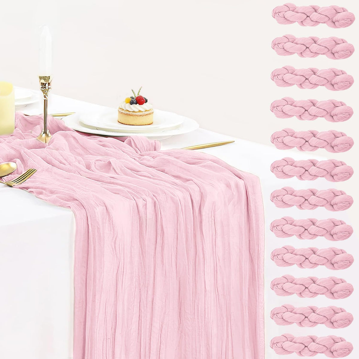 12 Pack Champagne Cheesecloth Table Runner 35x120 Inches, Summer Cheese Cloth Table Runner 10FT Boho Sheer Gauze Runner for Bridal Shower Wedding Baby Shower Party Decor