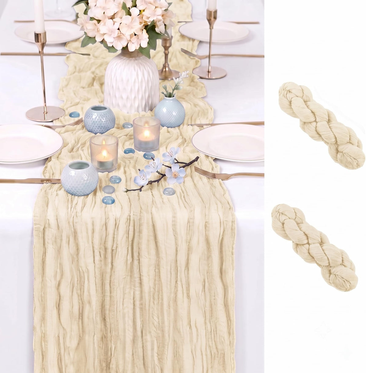 2 Pack Light Blue Cheesecloth Table Runner 17x108 Inch Boho Rustic Semi Sheer Gauze Cheese Cloth Table Runner for Wedding Bridal Shower Baby Shower Party Farmhouse Dining Table Decor