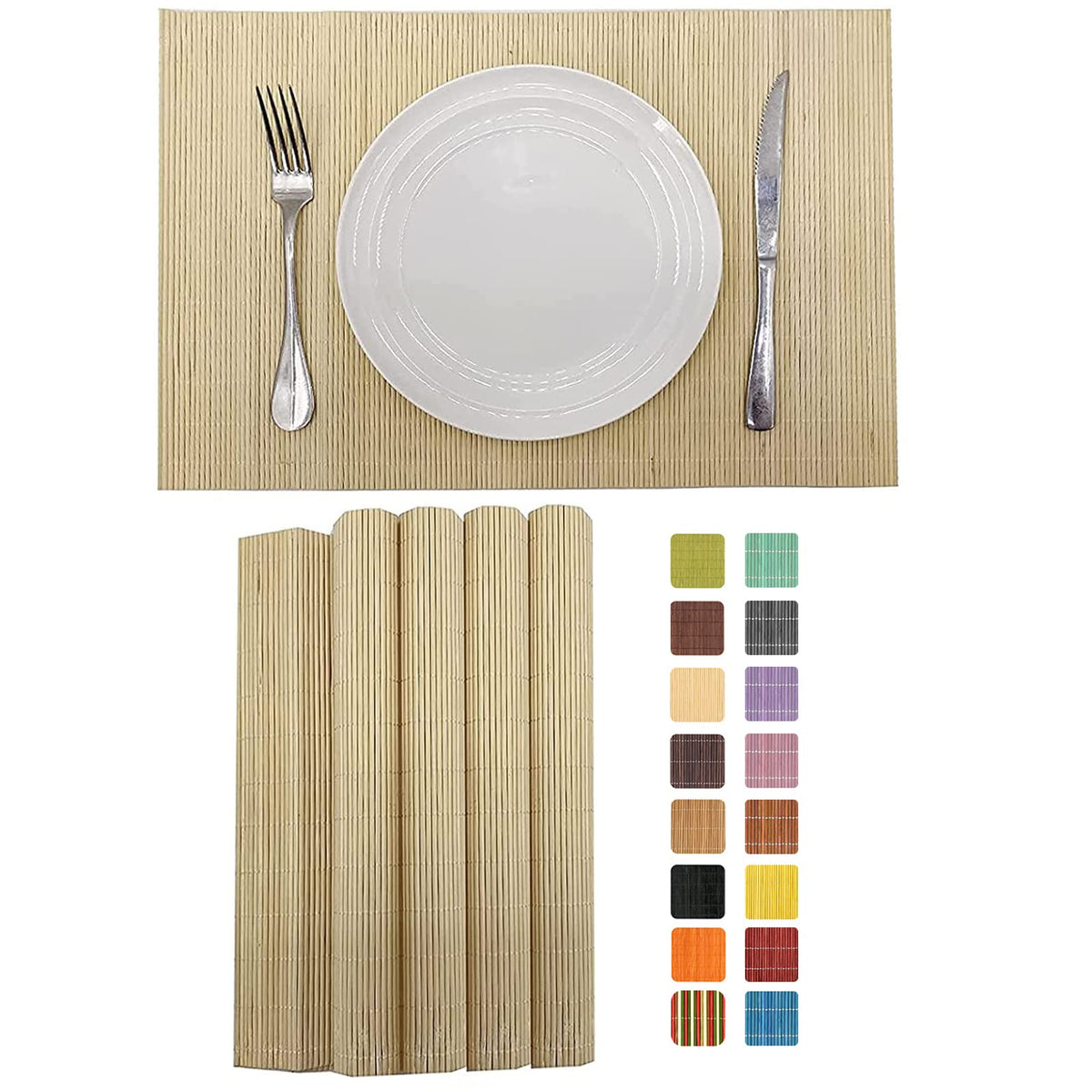 Set of 8 Pcs Bamboo Placemats Sushi Rolling Mat Japanese Style Natural Anti-Slip, Washable Heat-Resistant Table Mats for Dining Room and Kitchen（Brown）