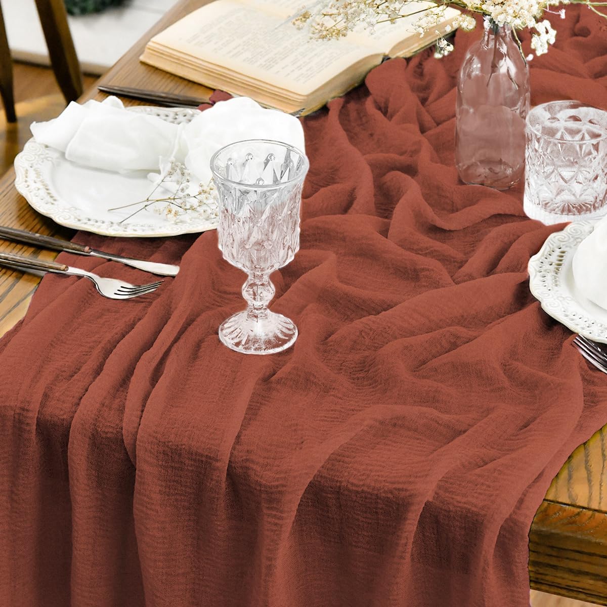 Artoid Mode Boho Forest Green 10Pcs Cheesecloth Gauze Table Runner, 120 Inch Seasonal Fabric Kitchen Dining Holiday Table Decor for Home Party Indoor
