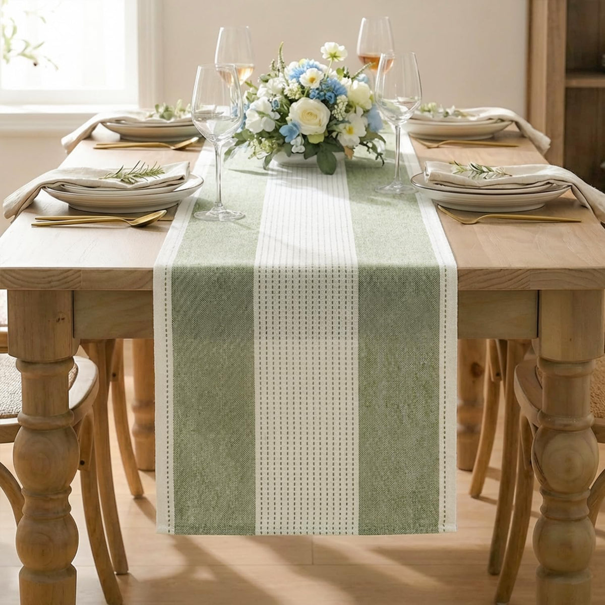 Artoid Mode Sage Green Farmhouse Rustic Table Runner, Seasonal Macrame Fabric Kitchen Dining Holiday Wedding Table Decor for Home Party 13x72 Inch