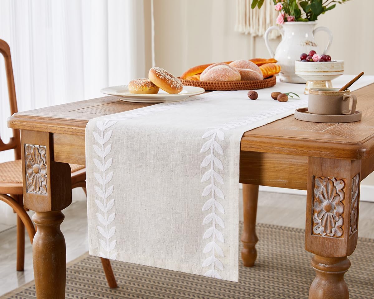 Wracra Embroidered Table Runner, White Table Runners 72 Inches Long