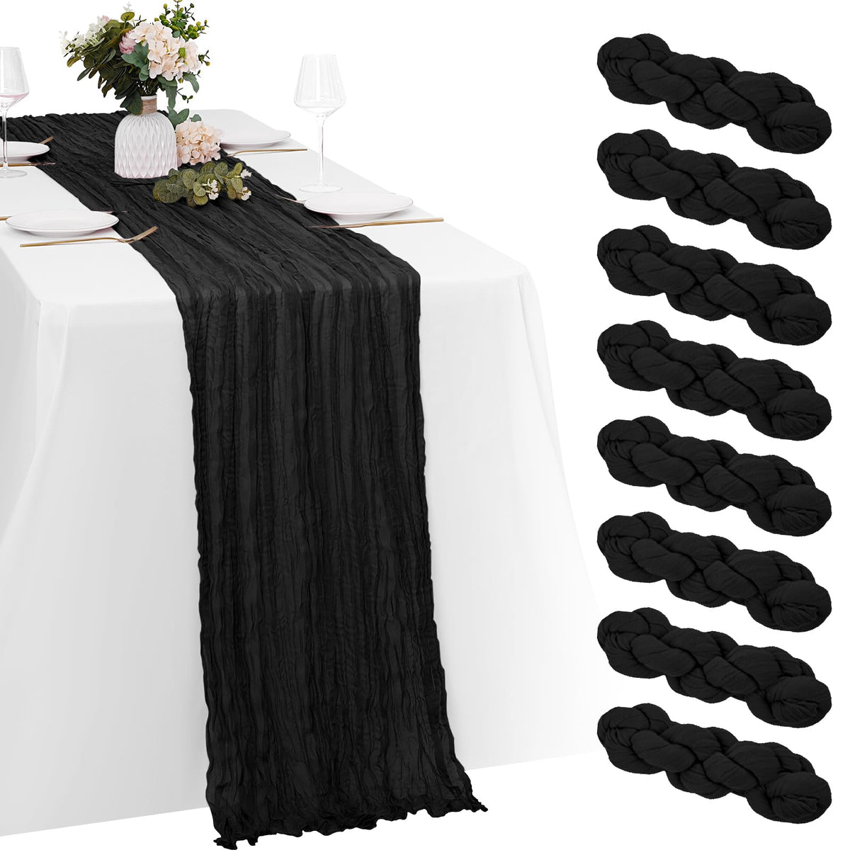 8 Pack Black Cheesecloth Table Runners 20x120 Inch Gauze Table Runner Cheese Cloth 10FT Black Table Runner Rustic Sheer Runner for Wedding Baby Shower Birthday Party Table Decor