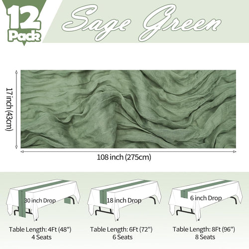 12 Pack Sage Green Table Runner 17 x 108 Inch Cheesecloth
