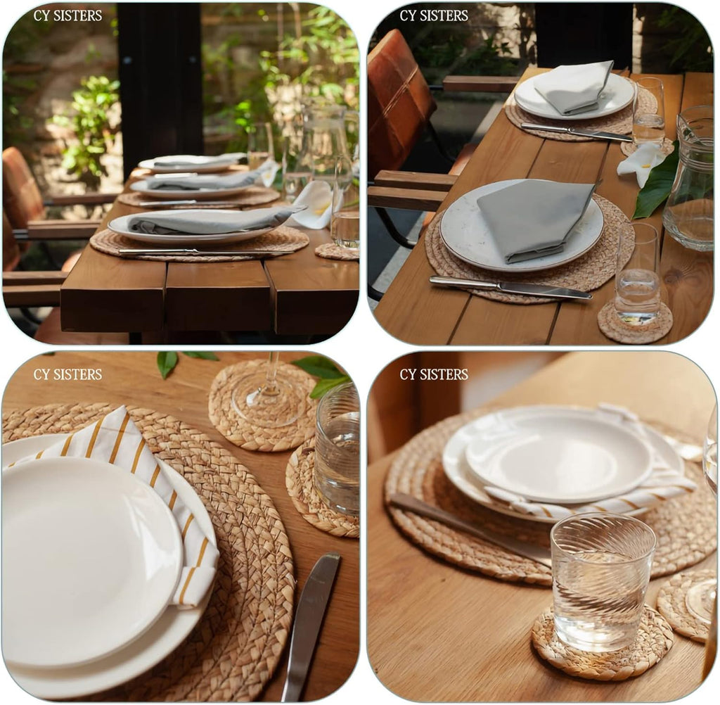 Woven Placemats Set of 6 Rattan Placemats Rectangle Natural Placemats Wicker Heavy Braided Straw Placemat Farmhouse Square Plates Place mats for Indoor/Outdoor Patio Table 17.7'' X 11.8''