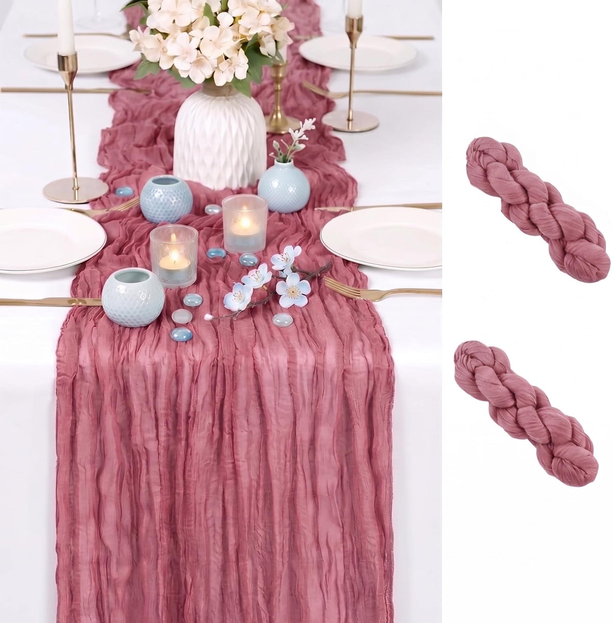 2 Pack Light Blue Cheesecloth Table Runner 17x108 Inch Boho Rustic Semi Sheer Gauze Cheese Cloth Table Runner for Wedding Bridal Shower Baby Shower Party Farmhouse Dining Table Decor
