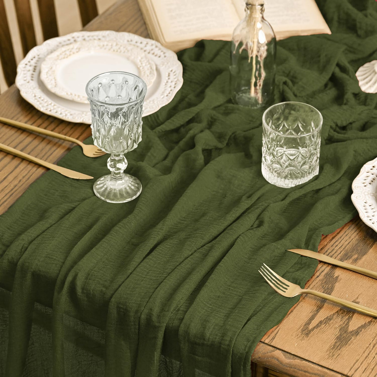 Artoid Mode Boho Forest Green 10Pcs Cheesecloth Gauze Table Runner, 120 Inch Seasonal Fabric Kitchen Dining Holiday Table Decor for Home Party Indoor