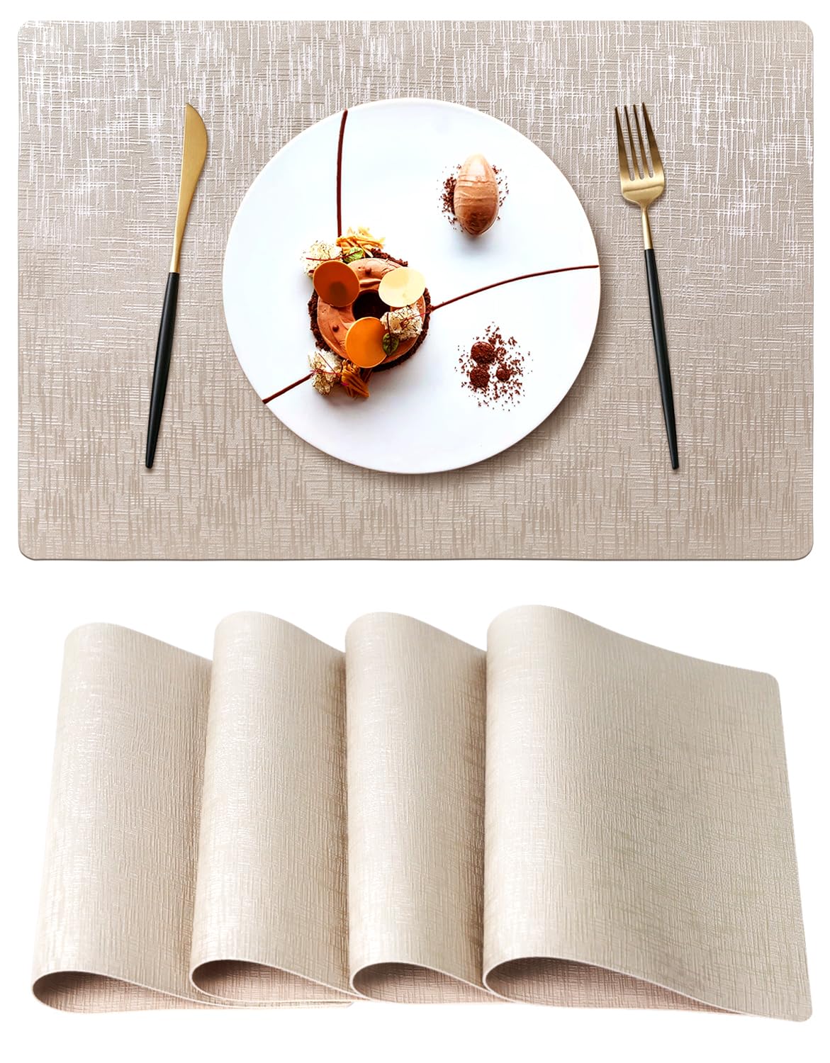 Placemats, Placemats Set of 6, Table Place Mats for Kitchen Dining, Heat-Resistant Anti-Skid Stain Washable PVC Table Mats, Easy to Cleaning Woven Vinyl Dinner Mats (Gold)