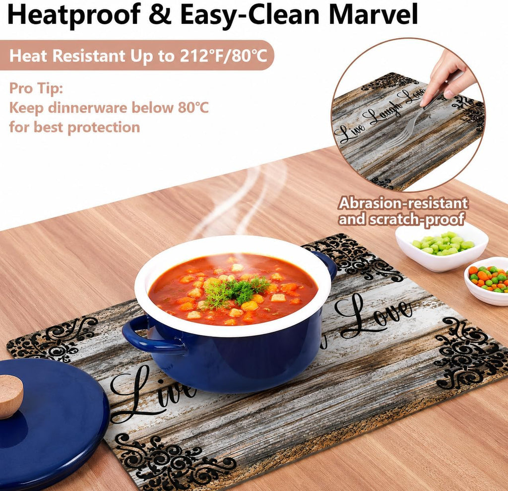 Vinyl Rectangular Placemats Set of 4 - Non Slip Place Mats Ideal for Indoor and Outdoor Dining Table - Washable and Heat Resistant Table Mat for Kitchen Tables (Live Laugh Love)