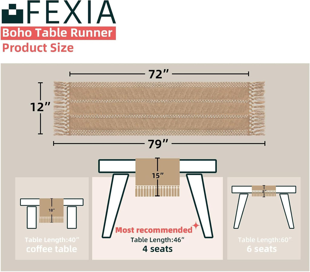 FEXIA Boho Table Runner Fall Burlap Brown Coffee Table Decor 12x72 Inch