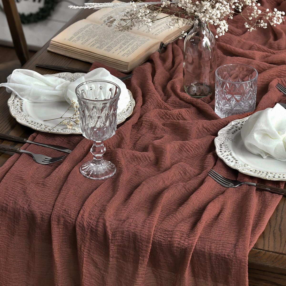 Artoid Mode Boho Forest Green 10Pcs Cheesecloth Gauze Table Runner, 120 Inch Seasonal Fabric Kitchen Dining Holiday Table Decor for Home Party Indoor
