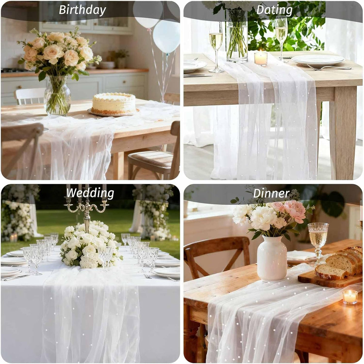 WELTRXE Pearl Table Runner 120 Inch 10FT, White Gauze Table Runners, Rustic Boho for Holiday Wedding Decor, Home Party ,Baby Shower, Birthday Party