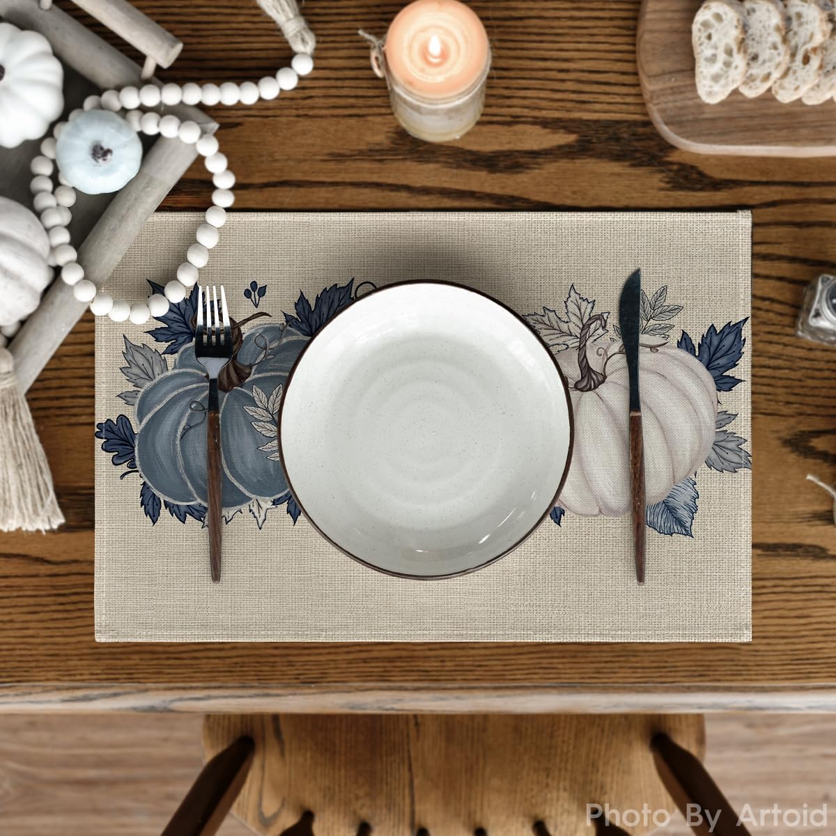 Artoid Mode Navy Blue Pumpkins Fall Placemats Set of 6-12 x 18 Inch