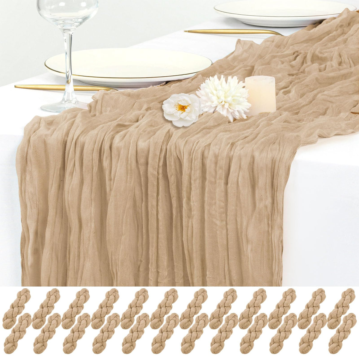 12 Pack Beige Cheesecloth Table Runner 17x108 Inch Boho Gauze Cheese Cloth Table Runners Rustic Sheer Runner for Wedding Party Baby Shower Birthday Home Decor