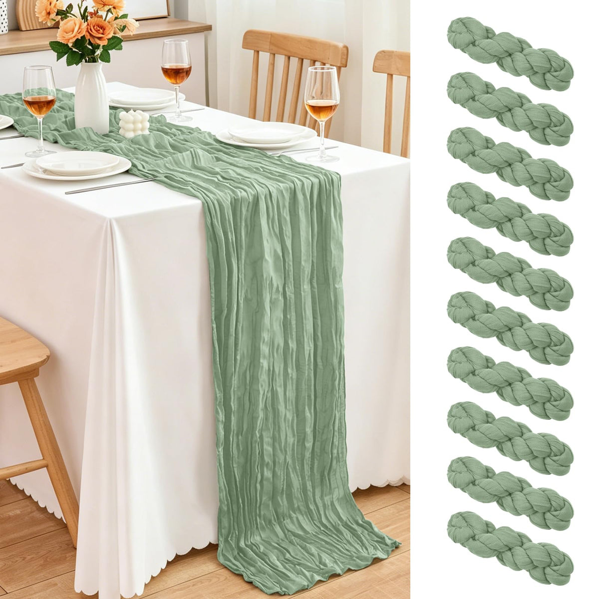 10 Pack Dusty Blue Cheesecloth Table Runner, 17x108 Inch Semi Sheer Boho Gauze Cheese Cloth Fabric Table Runners for Wedding Party Baby Shower Birthday Garden Farmhouse Table Decor