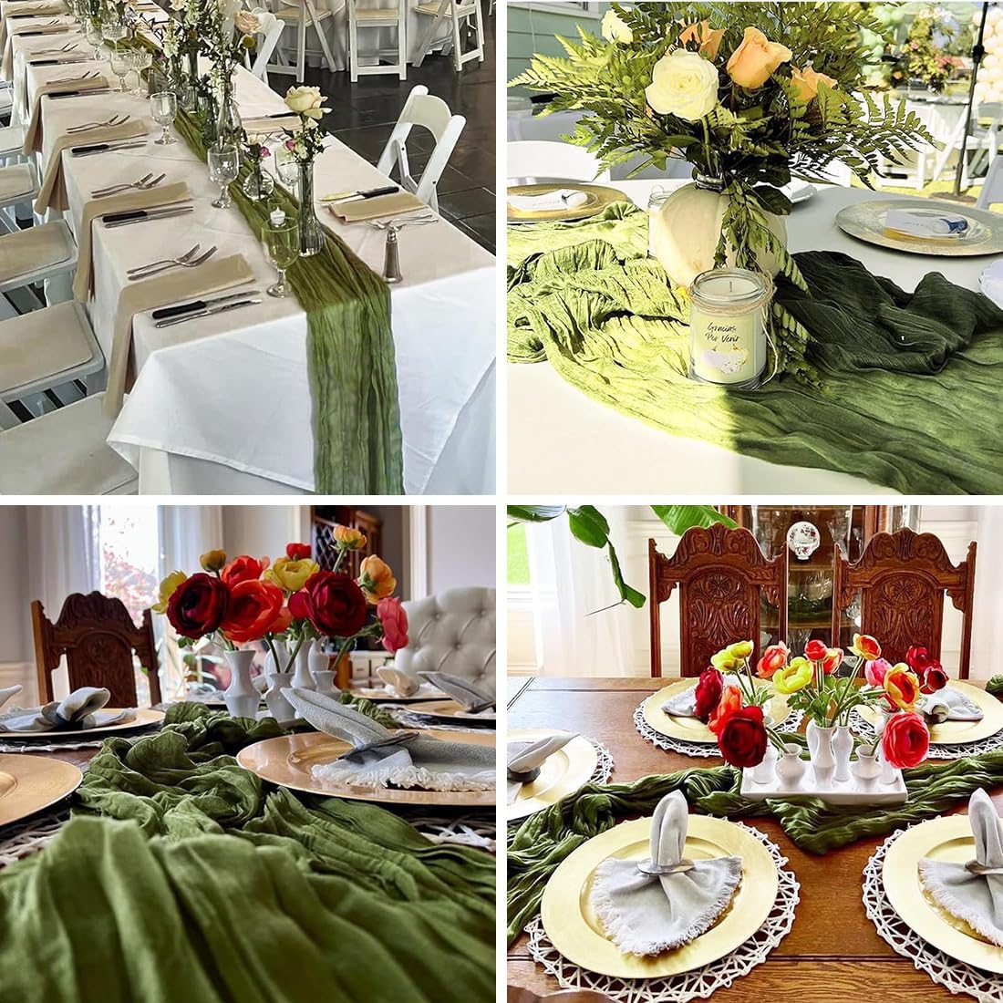 10 Pack New Sage Green Cheesecloth Table Runner -21*120Inch Long Boho Wedding Table Decor, Rustic Gauze Fabric Runner for Bridal Showers, Baby Showers & Parties (Sheer, Lightweight, Wrinkled Design)
