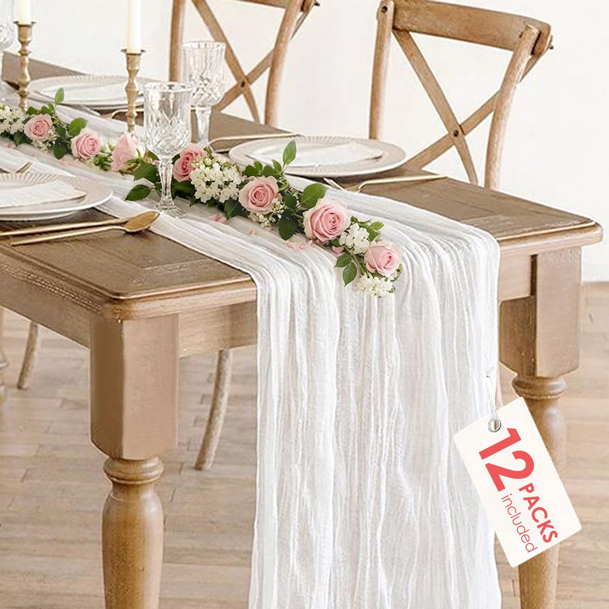 12 Pack Champagne Cheesecloth Table Runner 35x120 Inches, Summer Cheese Cloth Table Runner 10FT Boho Sheer Gauze Runner for Bridal Shower Wedding Baby Shower Party Decor