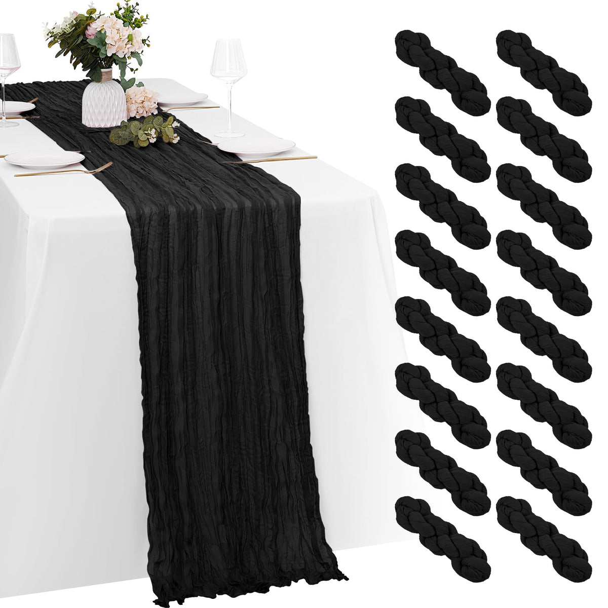 8 Pack Black Cheesecloth Table Runners 20x120 Inch Gauze Table Runner Cheese Cloth 10FT Black Table Runner Rustic Sheer Runner for Wedding Baby Shower Birthday Party Table Decor