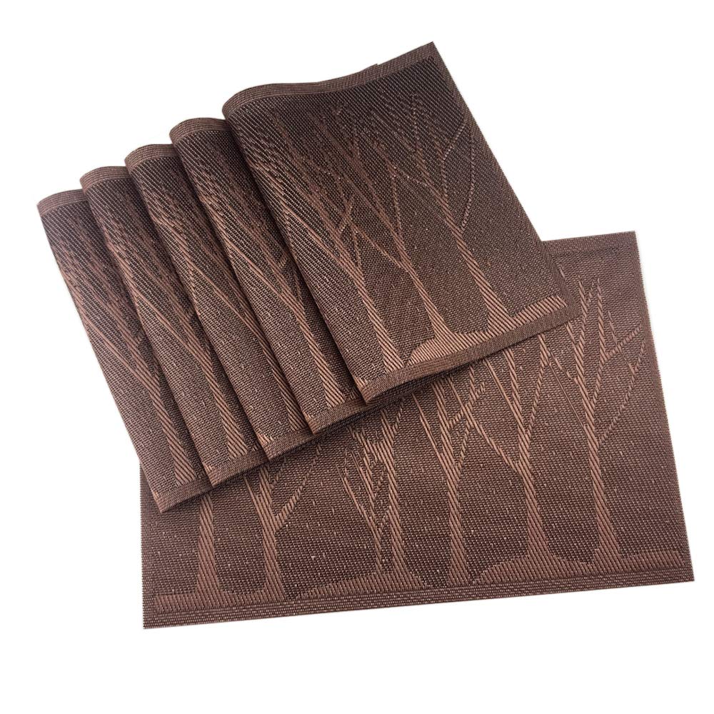 Place Mats PVC Set of 6, Table Placemats Set of 6 PVC Woven Vinyl Place Mats Table Mats Natural Color (6 pcs, Silver Tree)