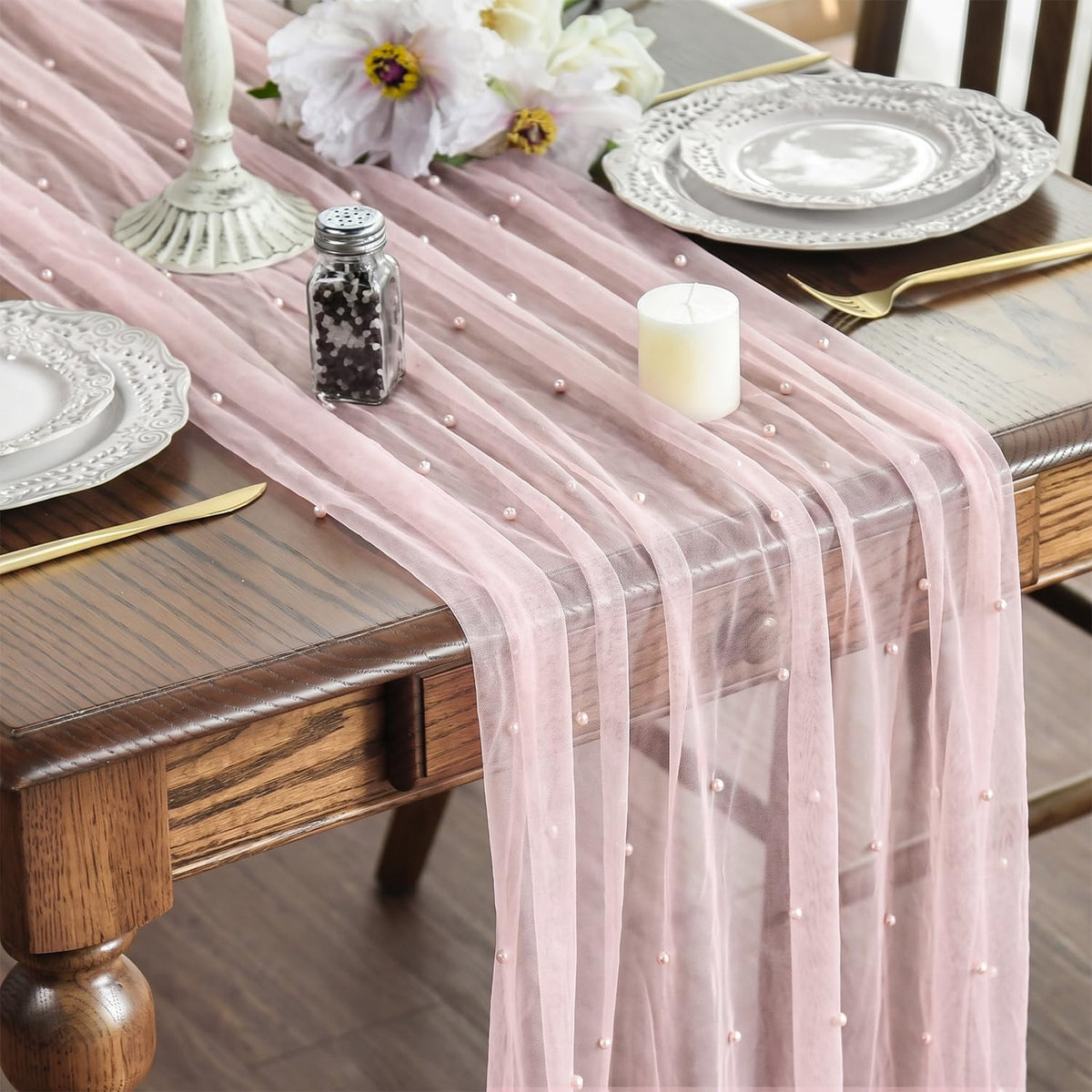 Artoid Mode 6-Pack Pearl Beige Gauze Table Runner 10FT Home Decor