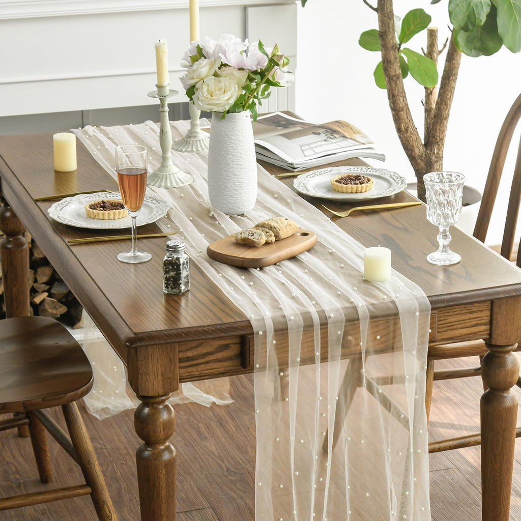 Artoid Mode 6-Pack Pearl Beige Gauze Table Runner 10FT Home Decor