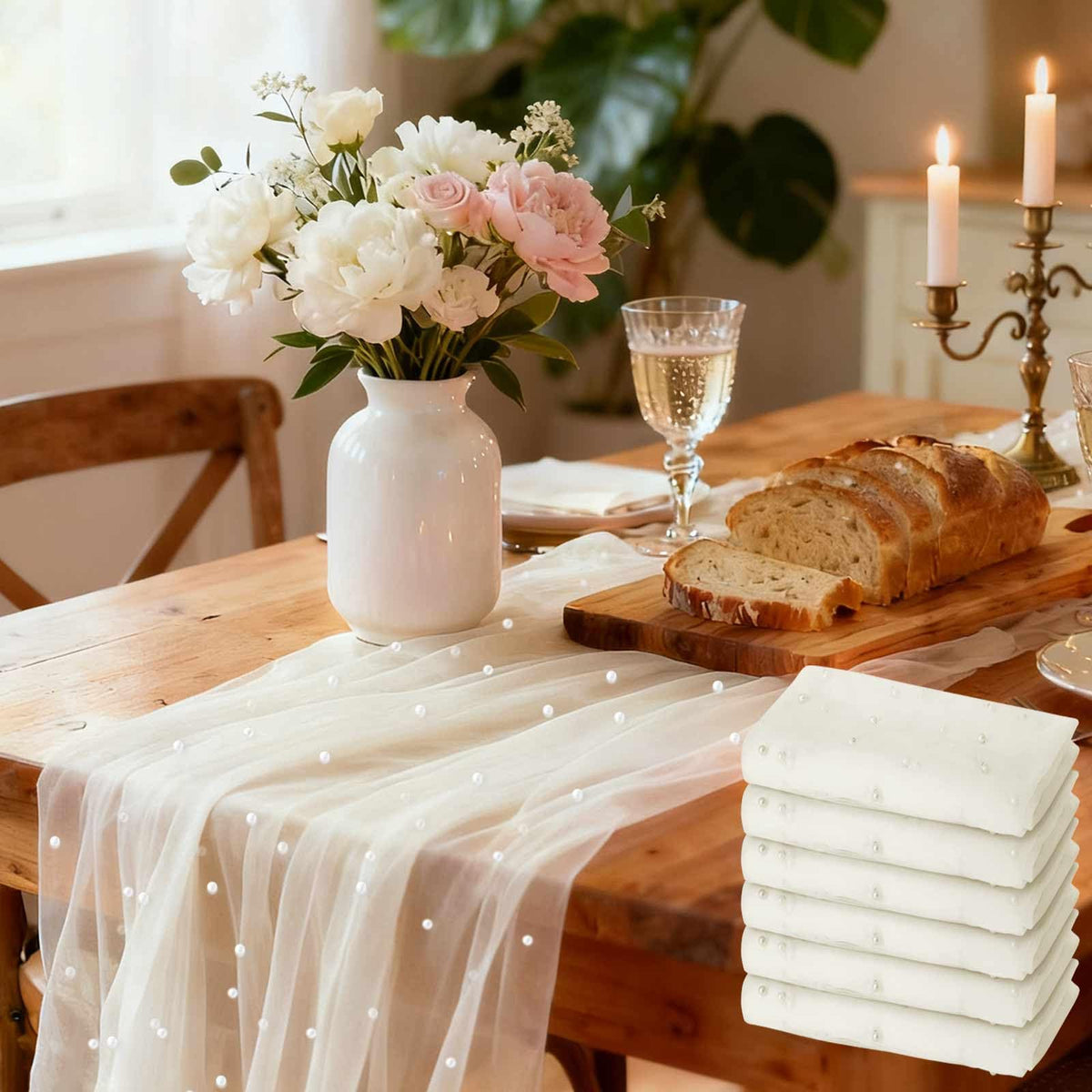 WELTRXE Pearl Table Runner 120 Inch 10FT, White Gauze Table Runners, Rustic Boho for Holiday Wedding Decor, Home Party ,Baby Shower, Birthday Party